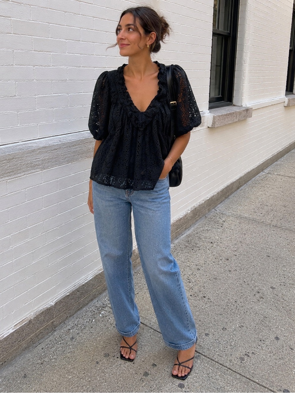 Anthropologie Black Lace Puff-Sleeve Blouse